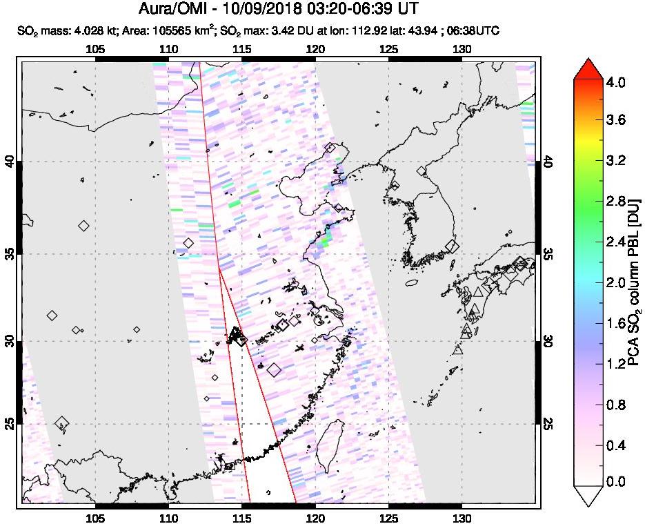 A sulfur dioxide image over Eastern China on Oct 09, 2018.