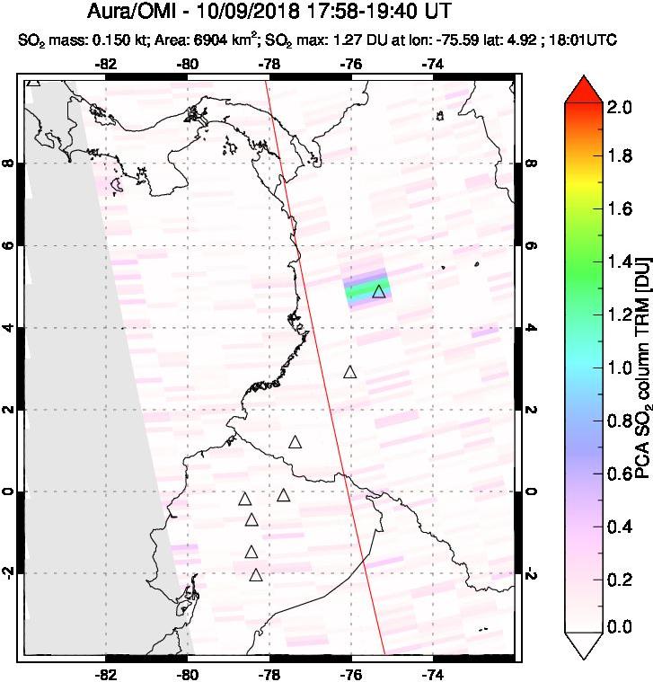 A sulfur dioxide image over Ecuador on Oct 09, 2018.