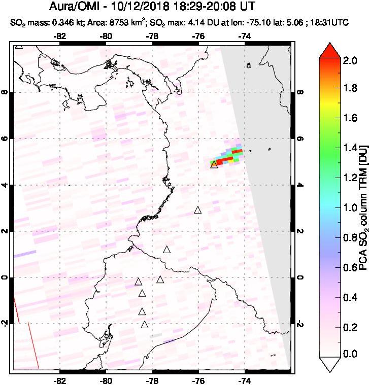 A sulfur dioxide image over Ecuador on Oct 12, 2018.