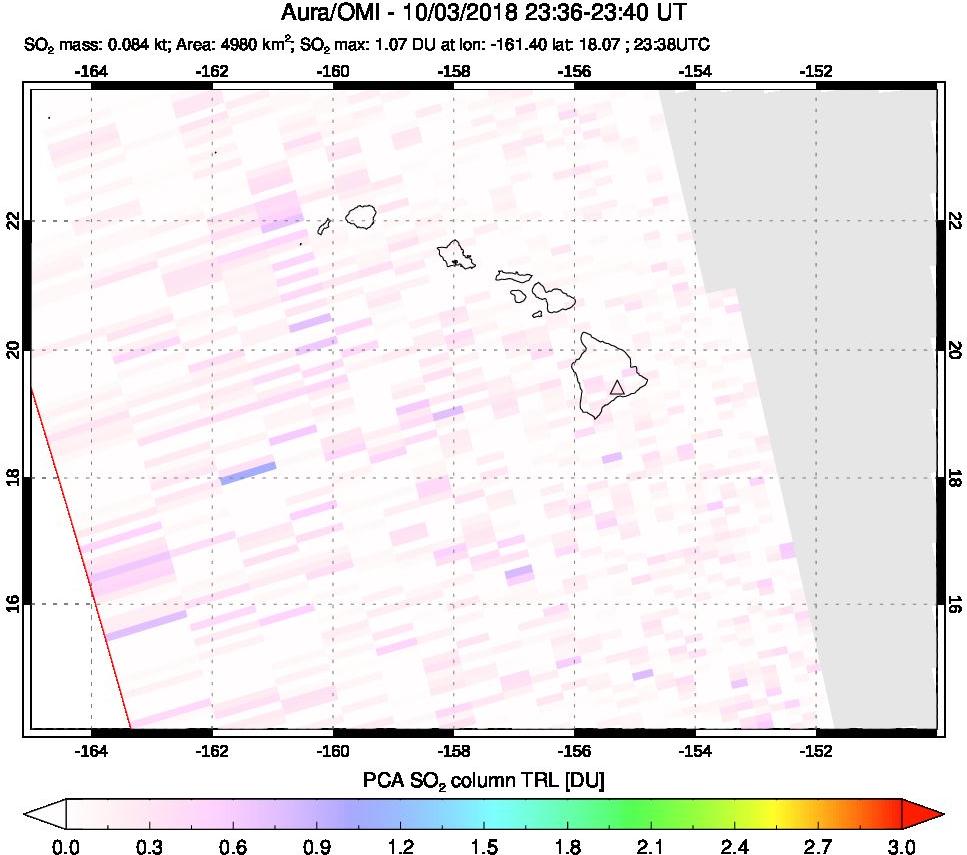A sulfur dioxide image over Hawaii, USA on Oct 03, 2018.