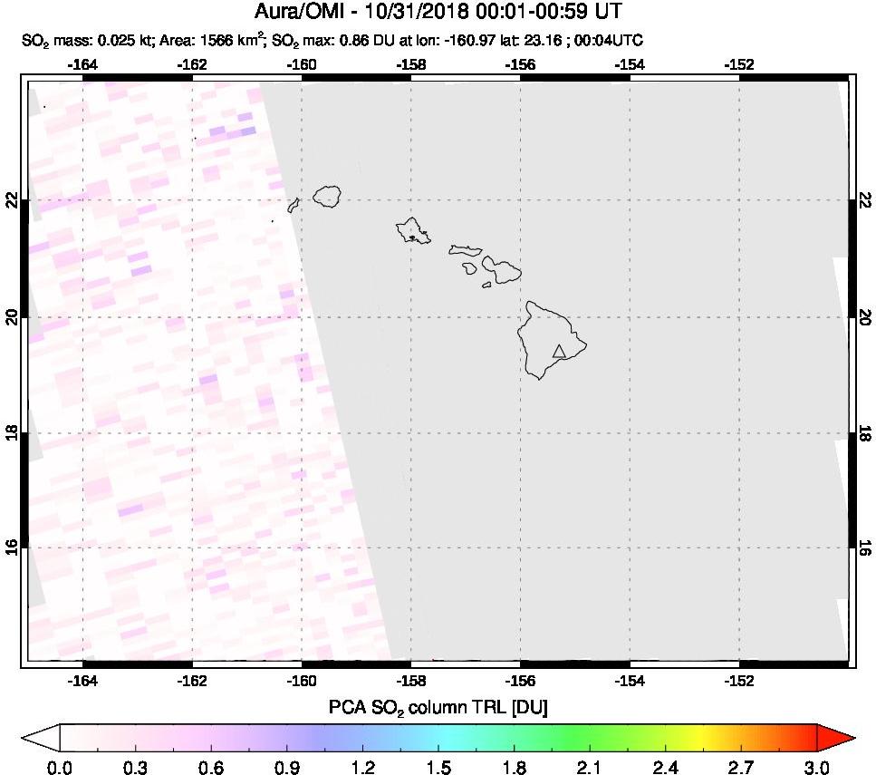 A sulfur dioxide image over Hawaii, USA on Oct 31, 2018.