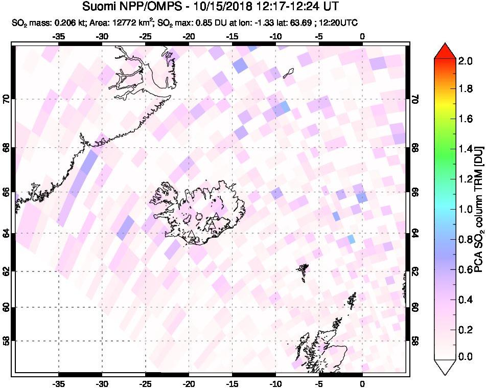 A sulfur dioxide image over Iceland on Oct 15, 2018.