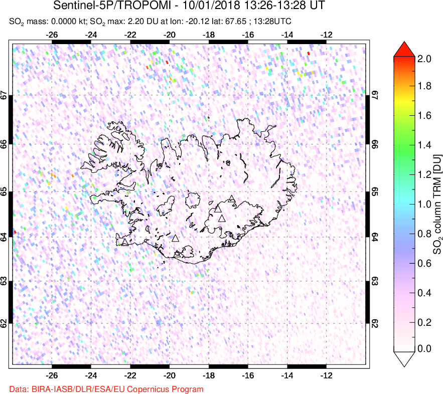 A sulfur dioxide image over Iceland on Oct 01, 2018.