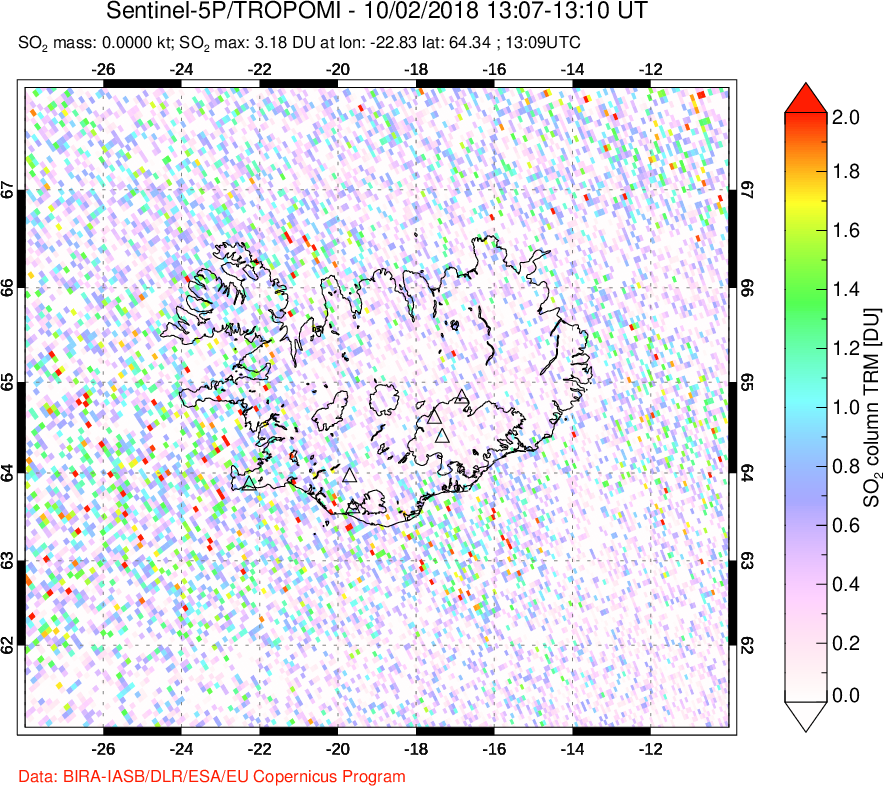 A sulfur dioxide image over Iceland on Oct 02, 2018.