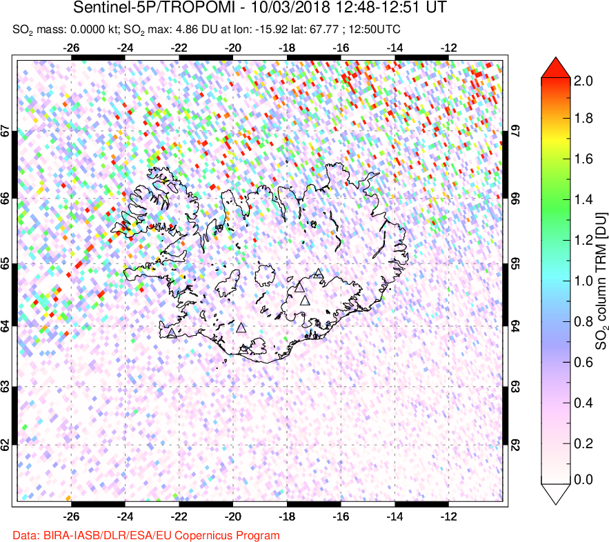 A sulfur dioxide image over Iceland on Oct 03, 2018.