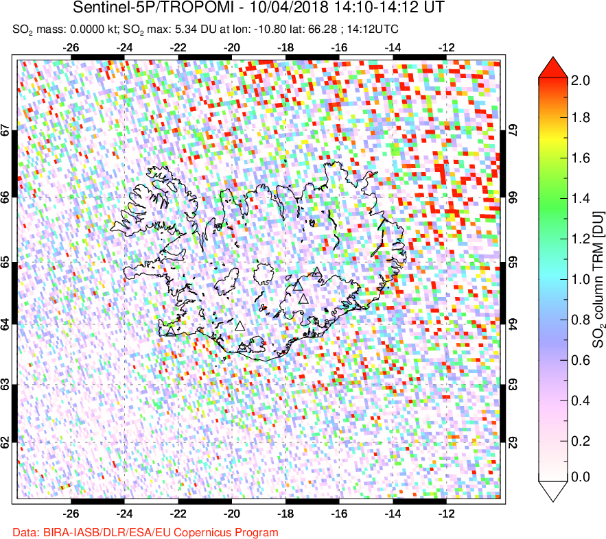A sulfur dioxide image over Iceland on Oct 04, 2018.