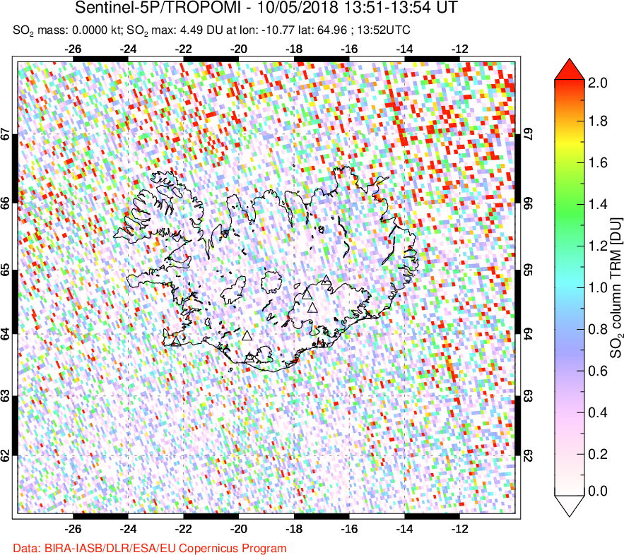 A sulfur dioxide image over Iceland on Oct 05, 2018.