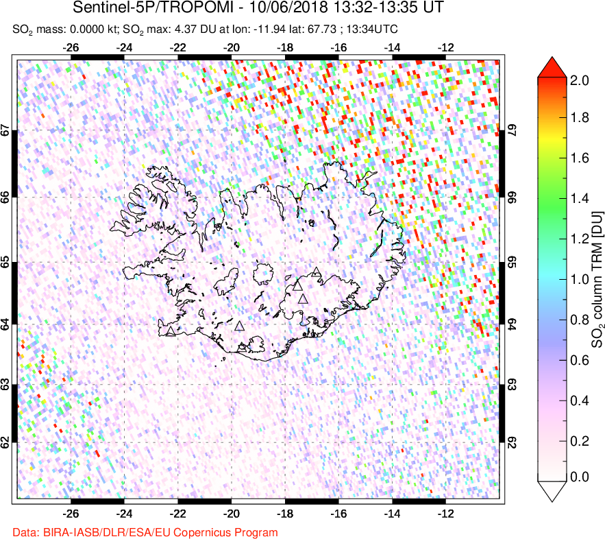 A sulfur dioxide image over Iceland on Oct 06, 2018.