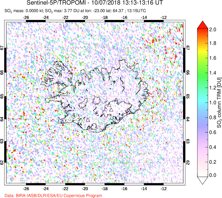 A sulfur dioxide image over Iceland on Oct 07, 2018.
