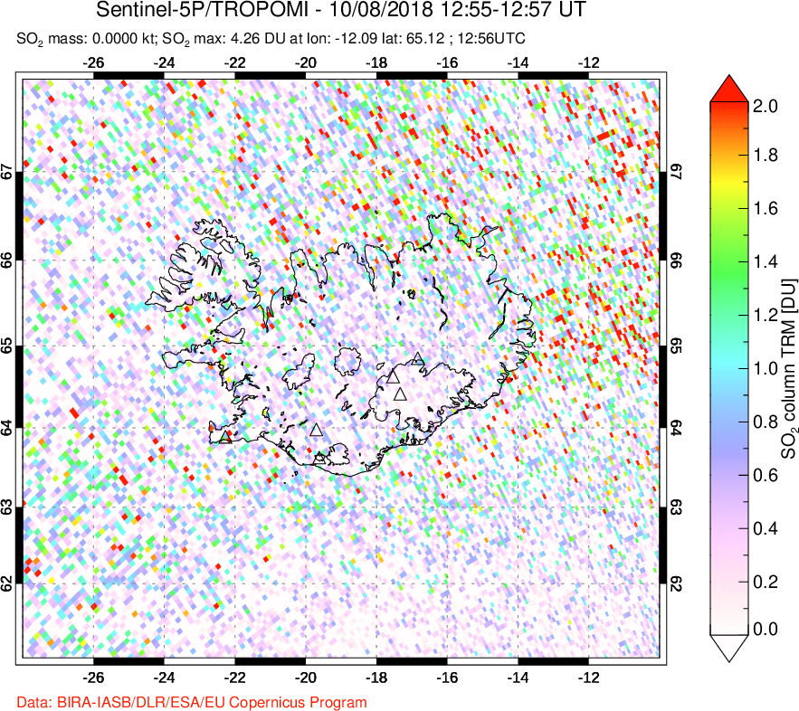 A sulfur dioxide image over Iceland on Oct 08, 2018.