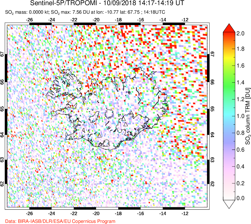A sulfur dioxide image over Iceland on Oct 09, 2018.