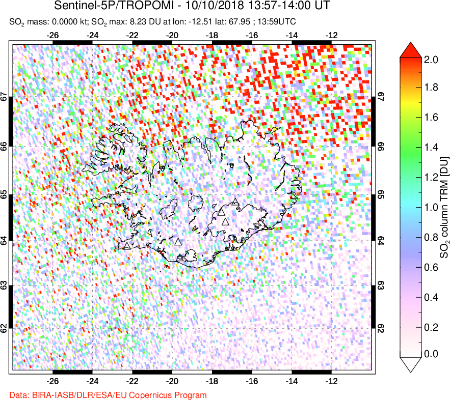 A sulfur dioxide image over Iceland on Oct 10, 2018.