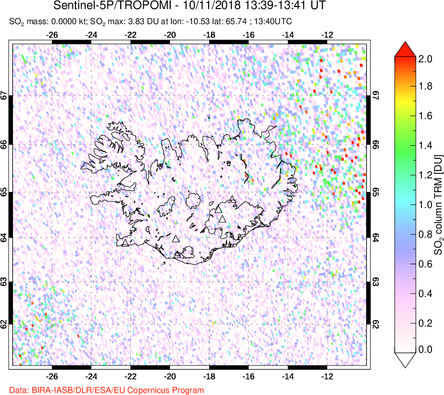 A sulfur dioxide image over Iceland on Oct 11, 2018.