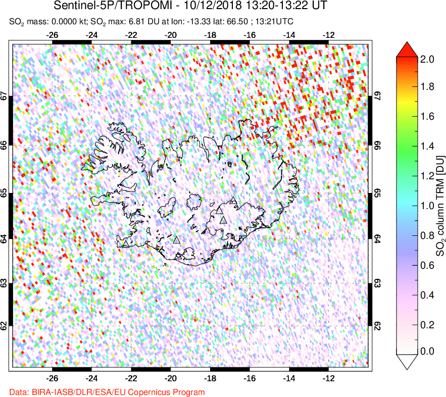 A sulfur dioxide image over Iceland on Oct 12, 2018.
