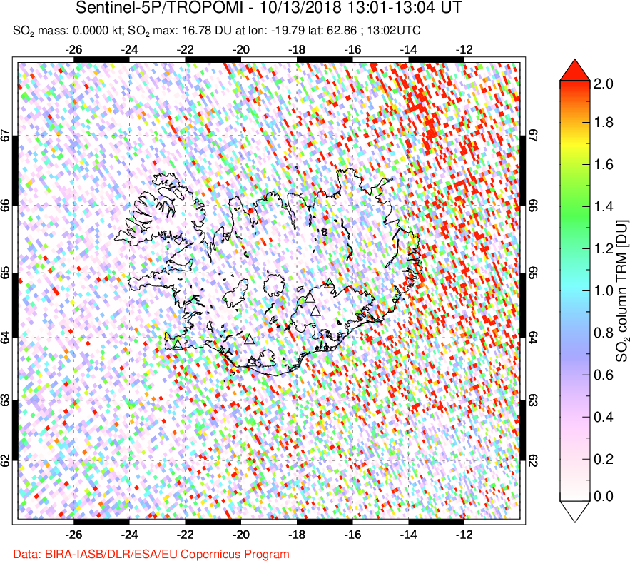 A sulfur dioxide image over Iceland on Oct 13, 2018.