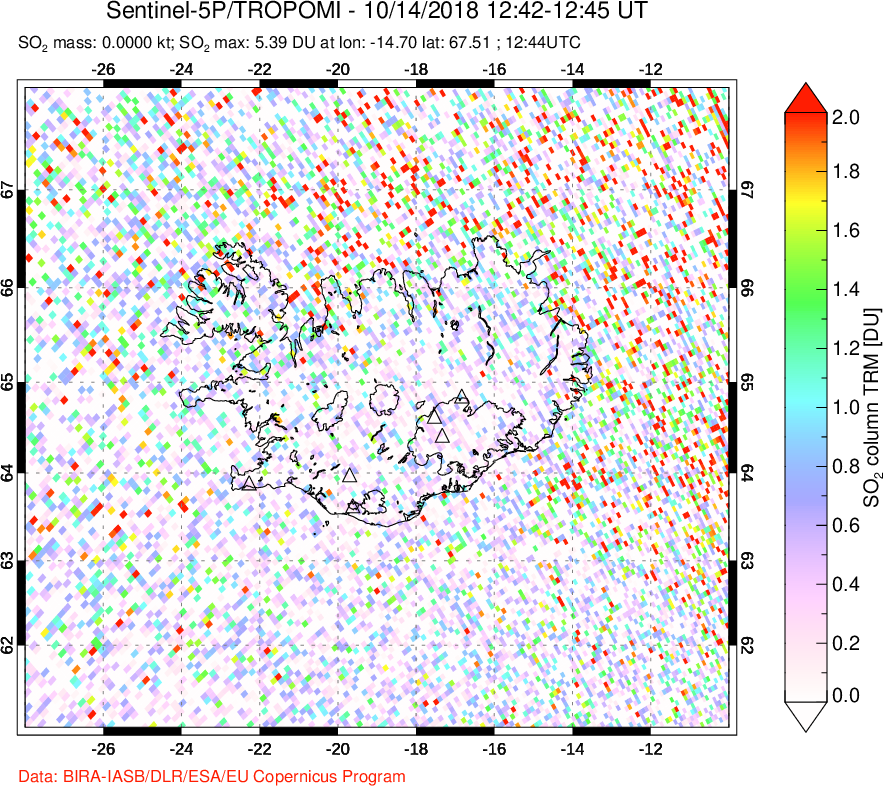 A sulfur dioxide image over Iceland on Oct 14, 2018.