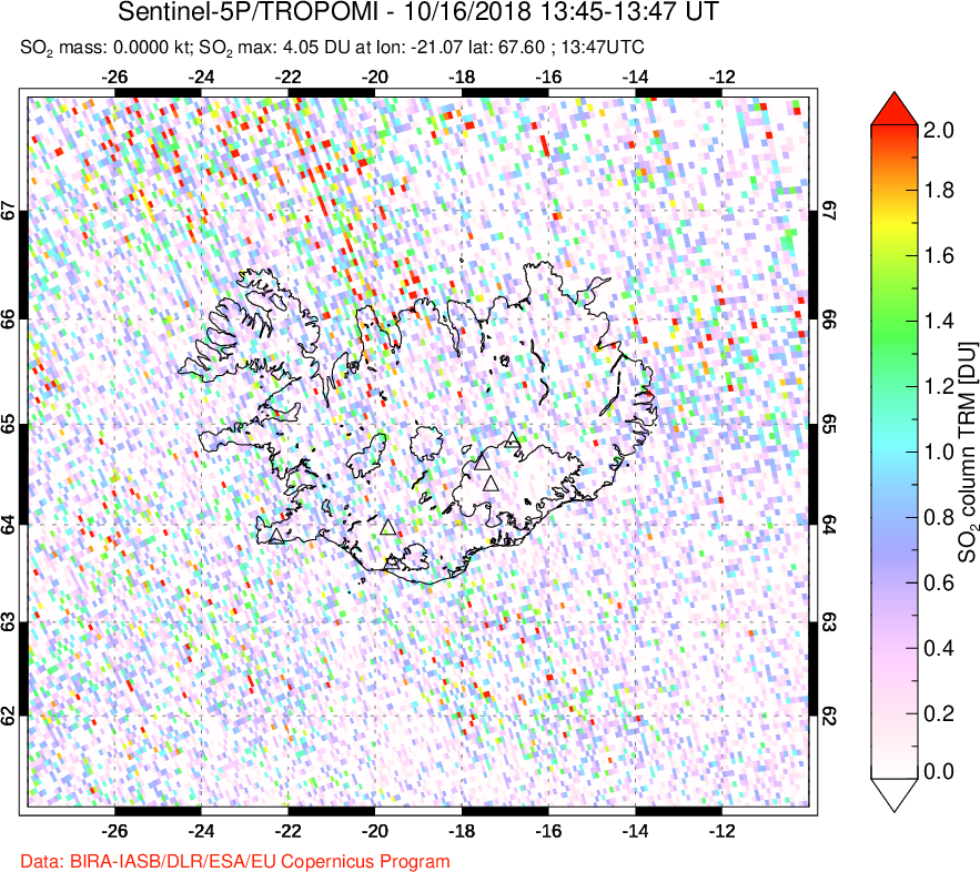 A sulfur dioxide image over Iceland on Oct 16, 2018.