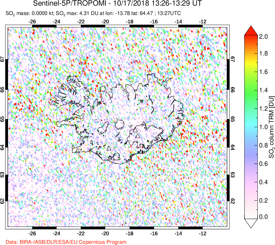 A sulfur dioxide image over Iceland on Oct 17, 2018.