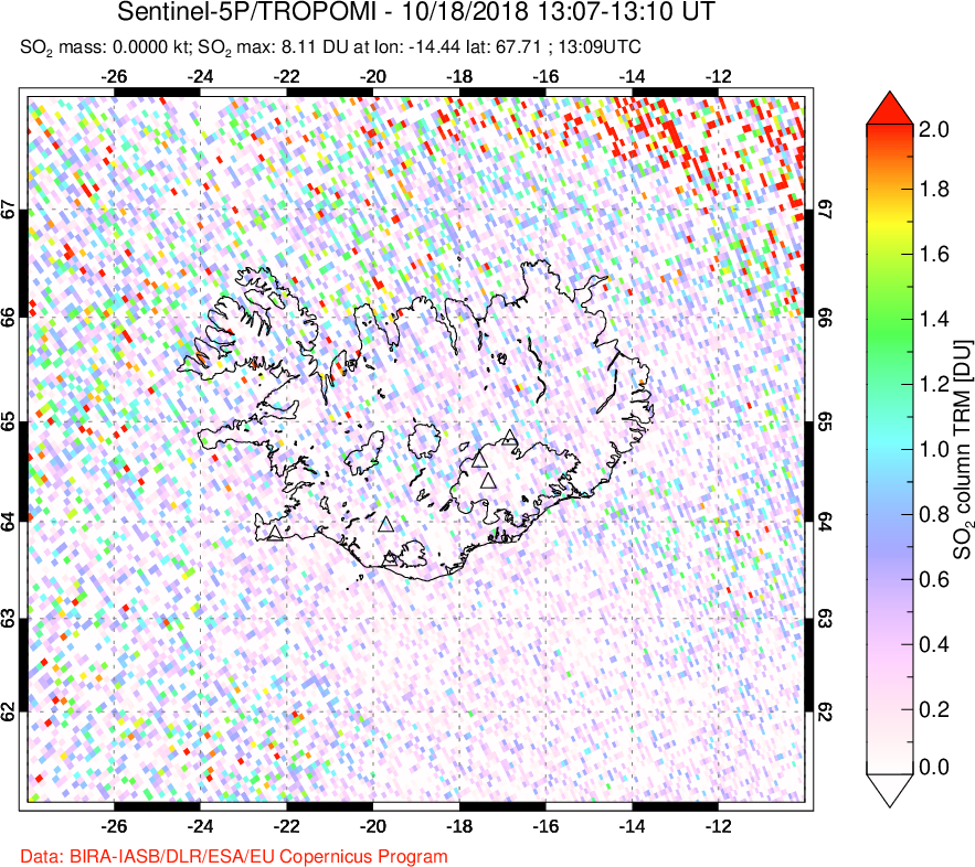 A sulfur dioxide image over Iceland on Oct 18, 2018.