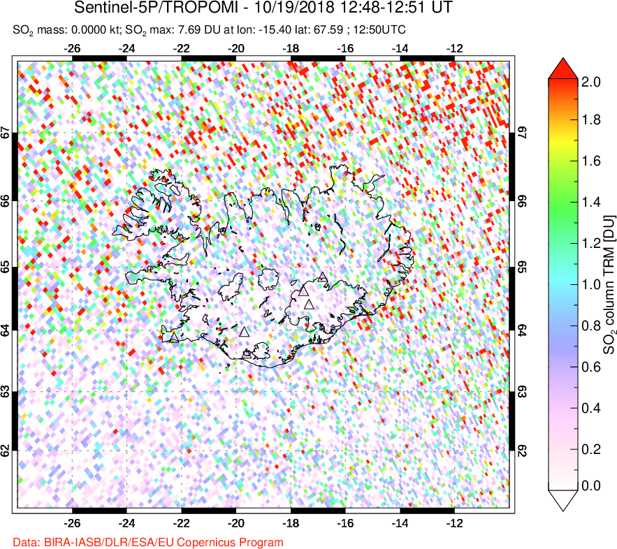 A sulfur dioxide image over Iceland on Oct 19, 2018.