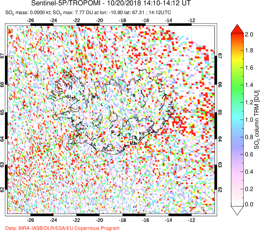 A sulfur dioxide image over Iceland on Oct 20, 2018.