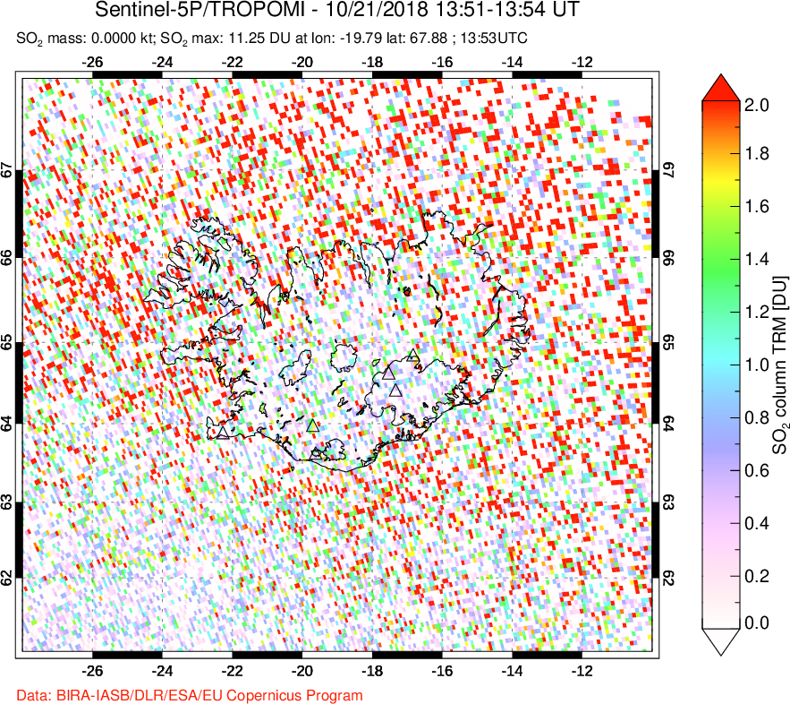 A sulfur dioxide image over Iceland on Oct 21, 2018.