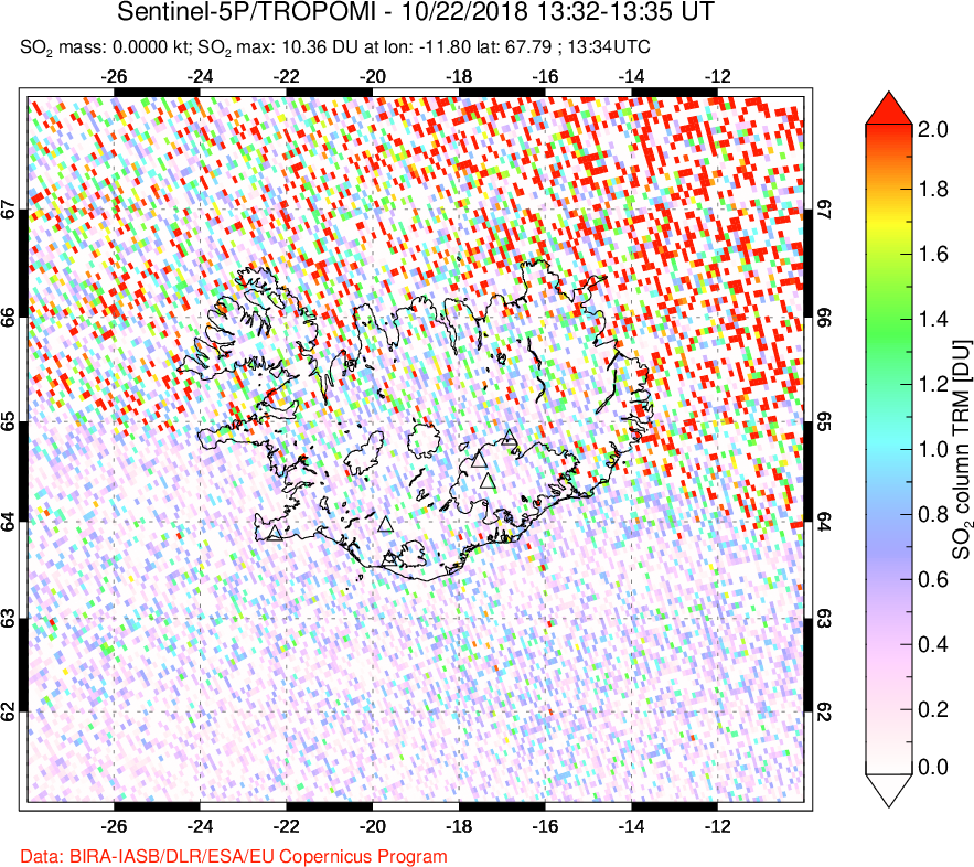 A sulfur dioxide image over Iceland on Oct 22, 2018.