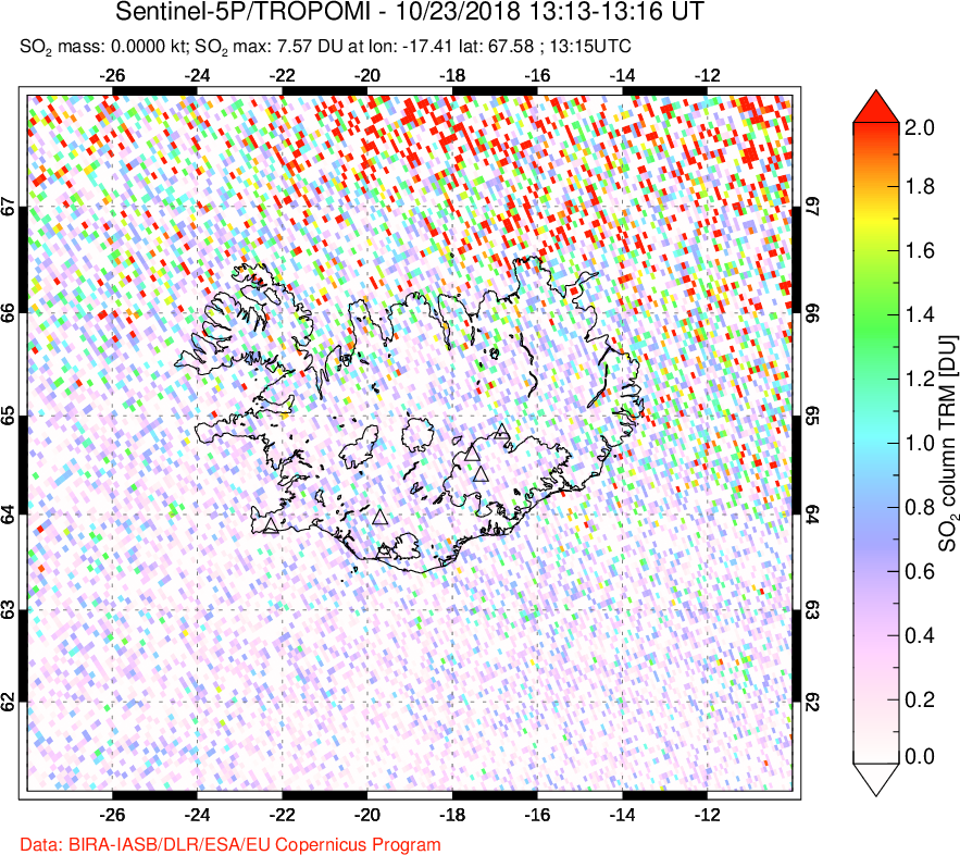 A sulfur dioxide image over Iceland on Oct 23, 2018.