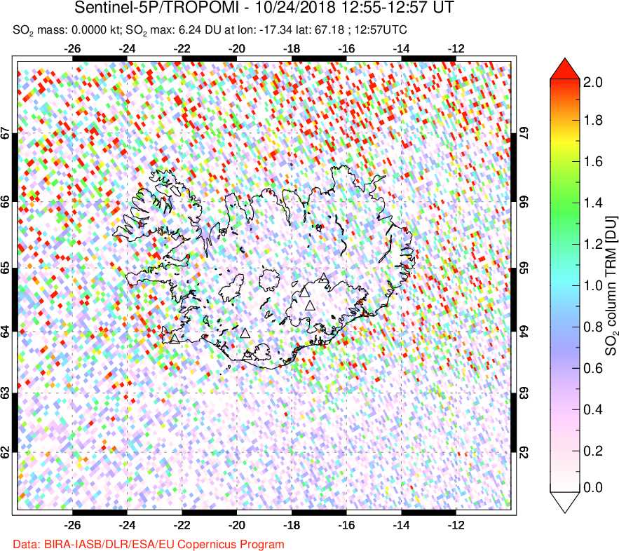 A sulfur dioxide image over Iceland on Oct 24, 2018.