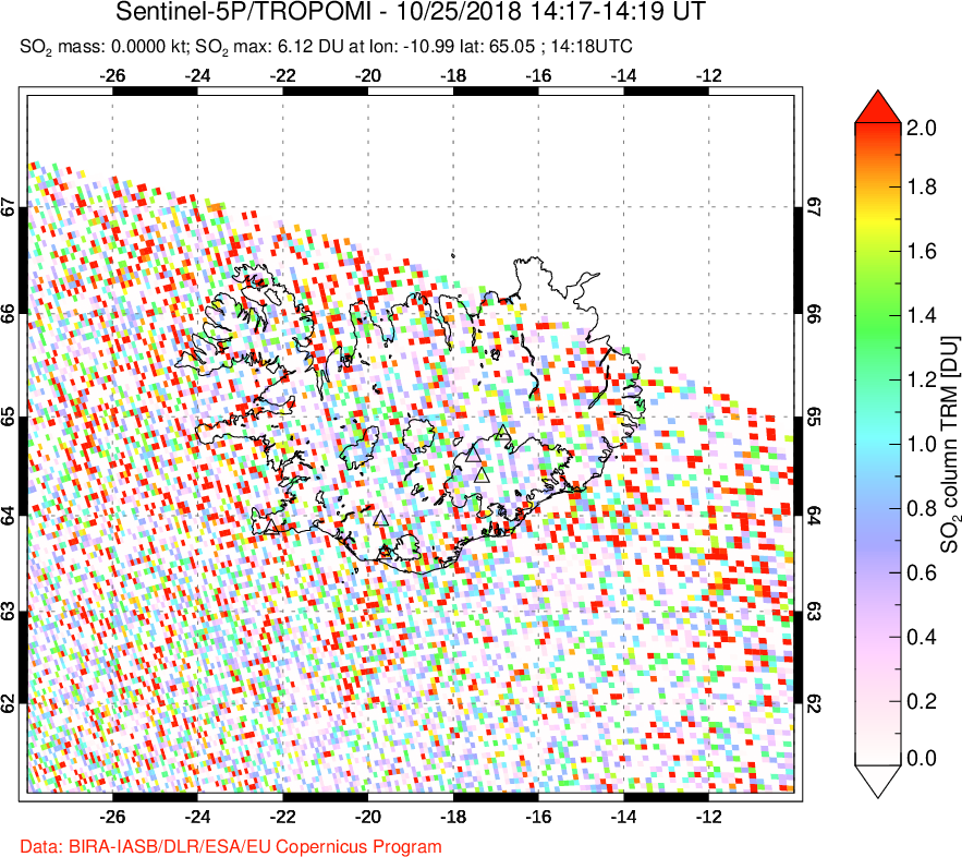 A sulfur dioxide image over Iceland on Oct 25, 2018.