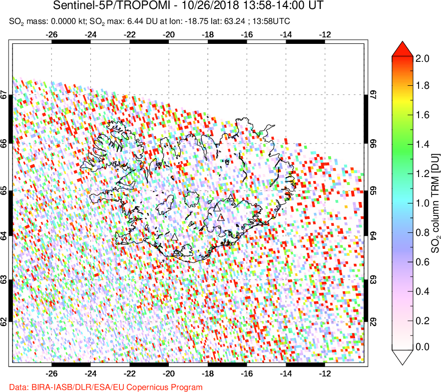 A sulfur dioxide image over Iceland on Oct 26, 2018.