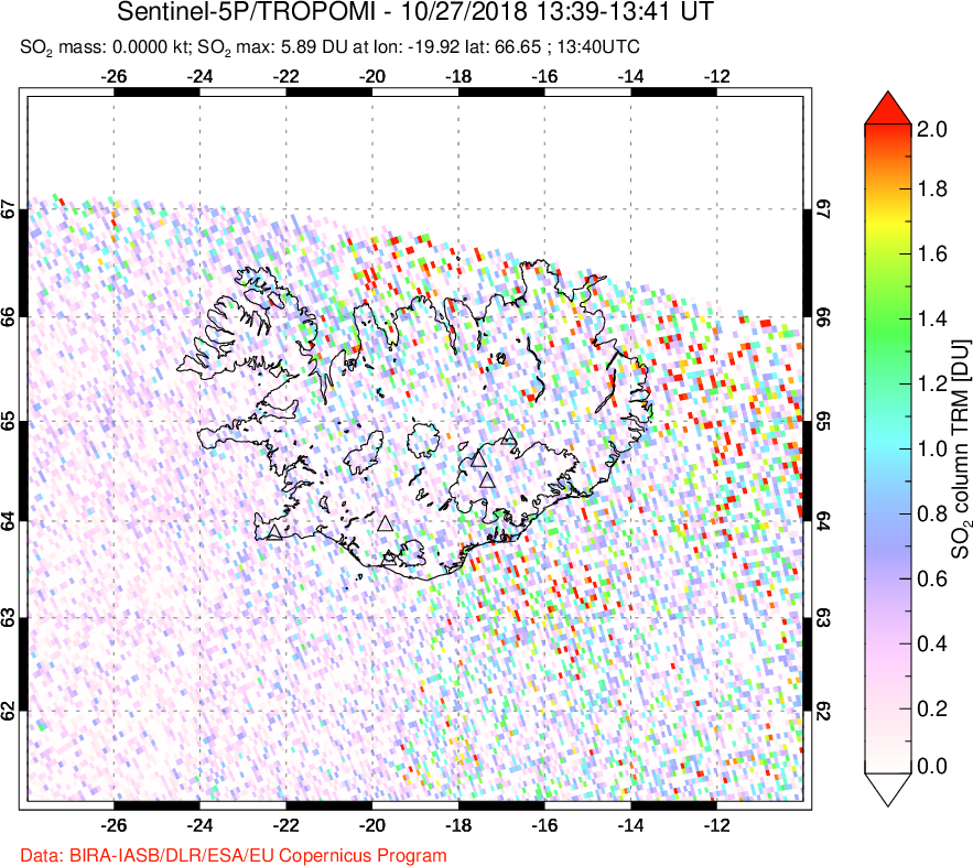 A sulfur dioxide image over Iceland on Oct 27, 2018.