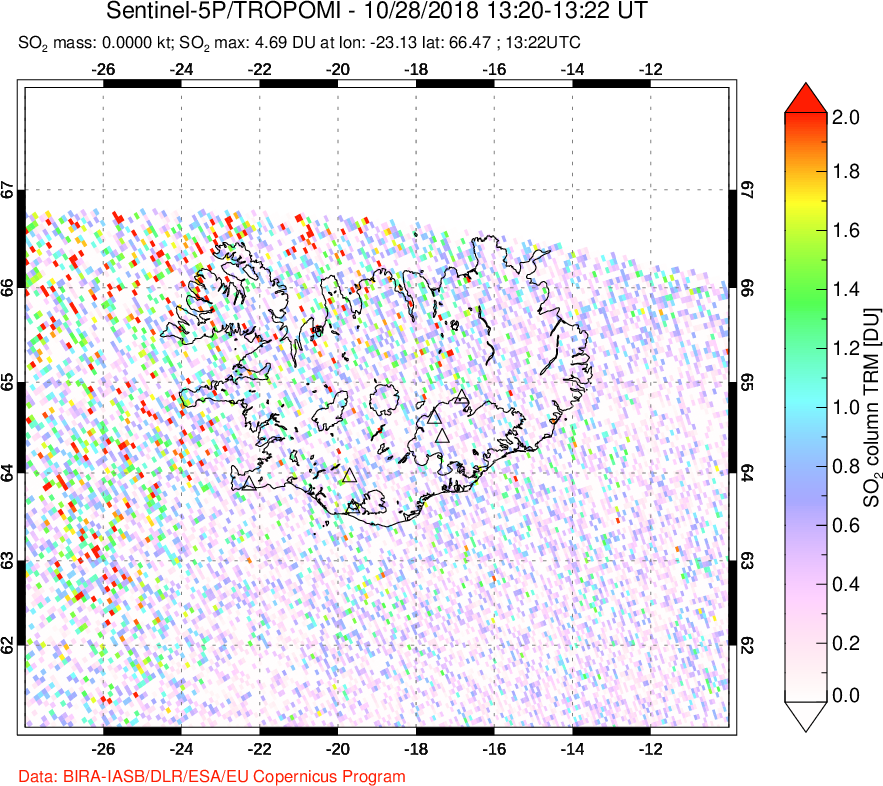 A sulfur dioxide image over Iceland on Oct 28, 2018.