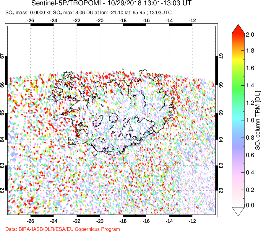 A sulfur dioxide image over Iceland on Oct 29, 2018.