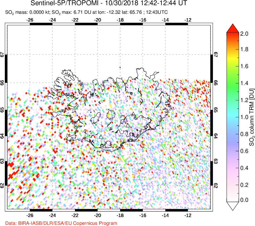A sulfur dioxide image over Iceland on Oct 30, 2018.