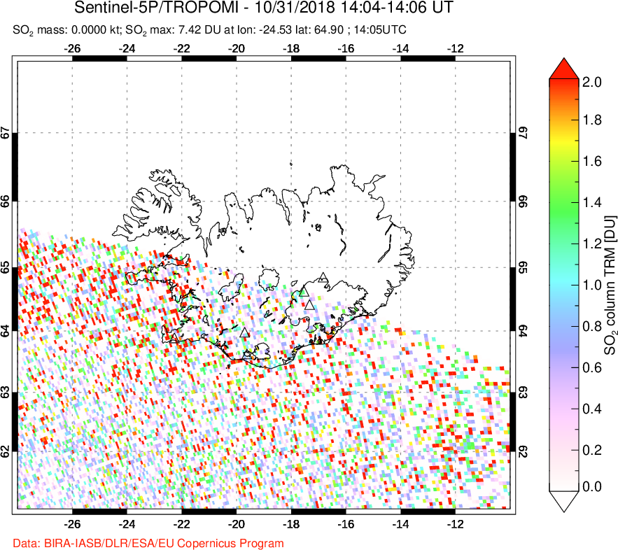 A sulfur dioxide image over Iceland on Oct 31, 2018.