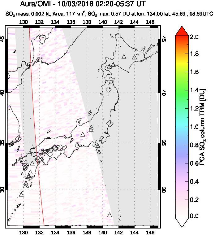 A sulfur dioxide image over Japan on Oct 03, 2018.