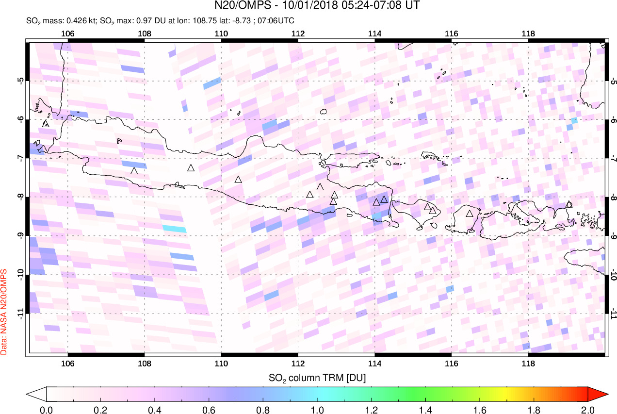 A sulfur dioxide image over Java, Indonesia on Oct 01, 2018.