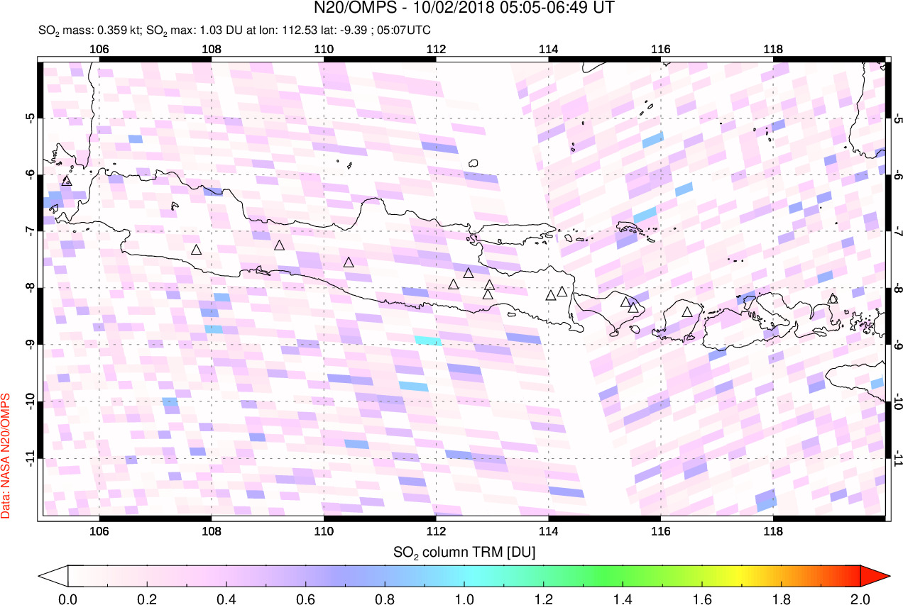 A sulfur dioxide image over Java, Indonesia on Oct 02, 2018.