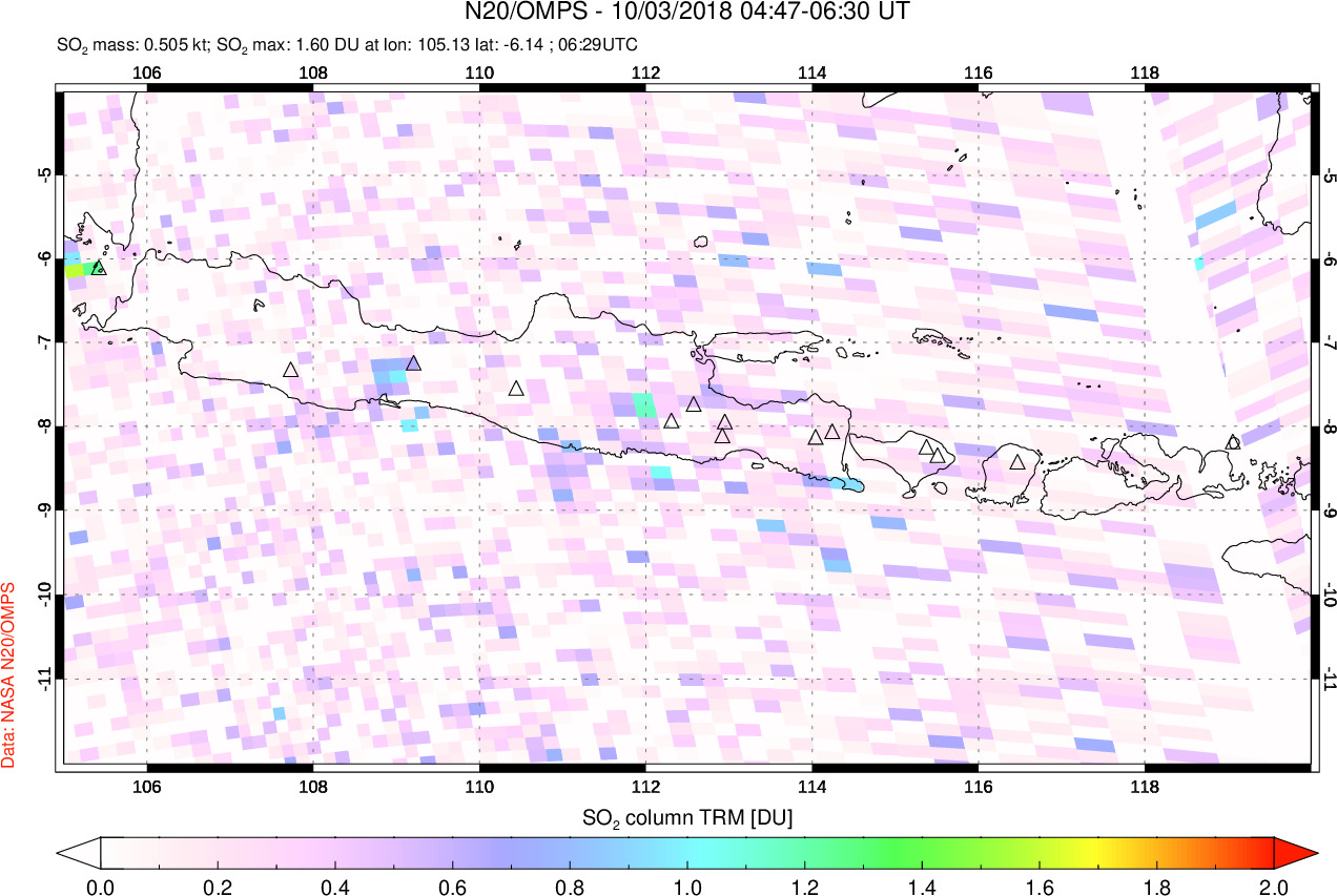 A sulfur dioxide image over Java, Indonesia on Oct 03, 2018.