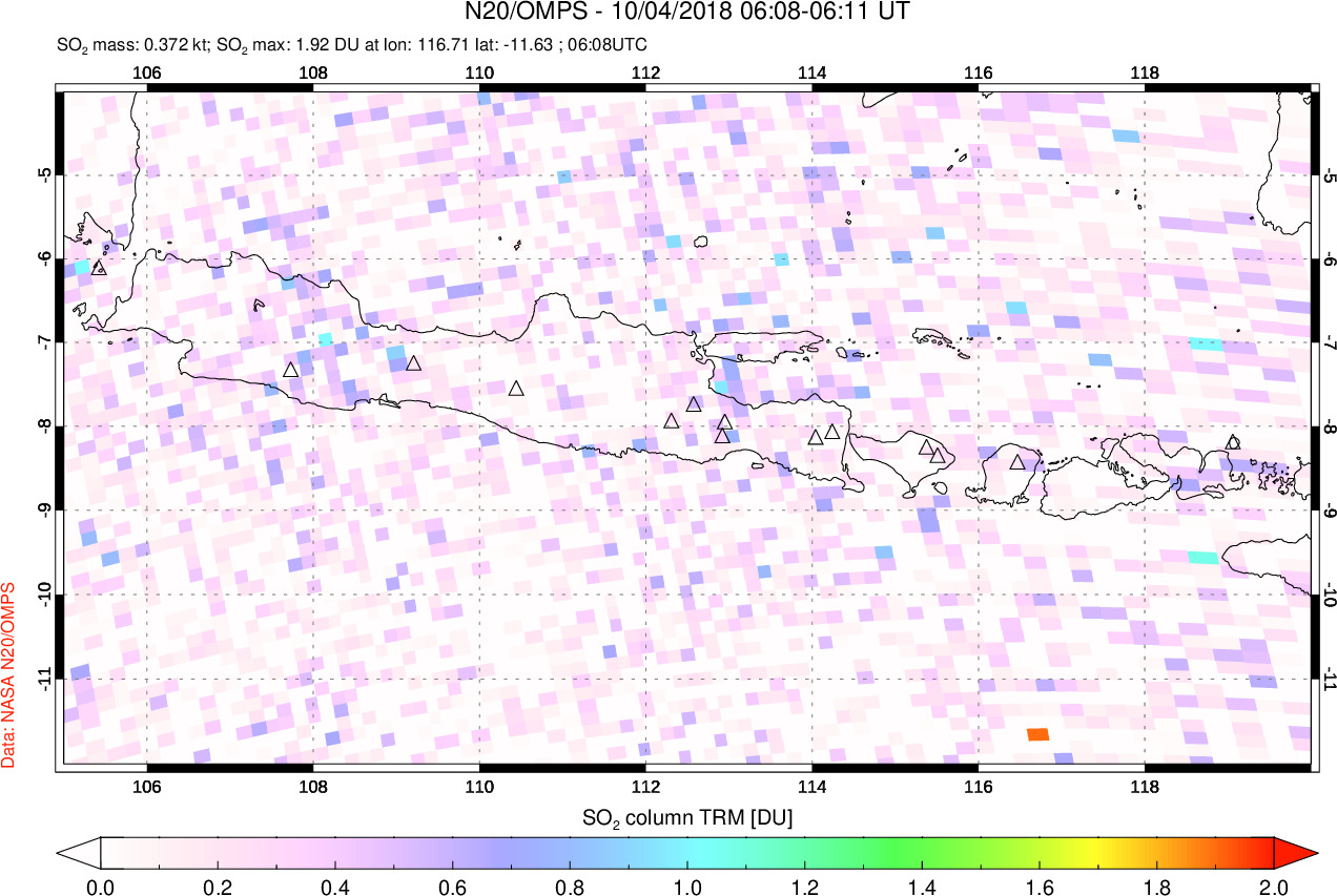 A sulfur dioxide image over Java, Indonesia on Oct 04, 2018.