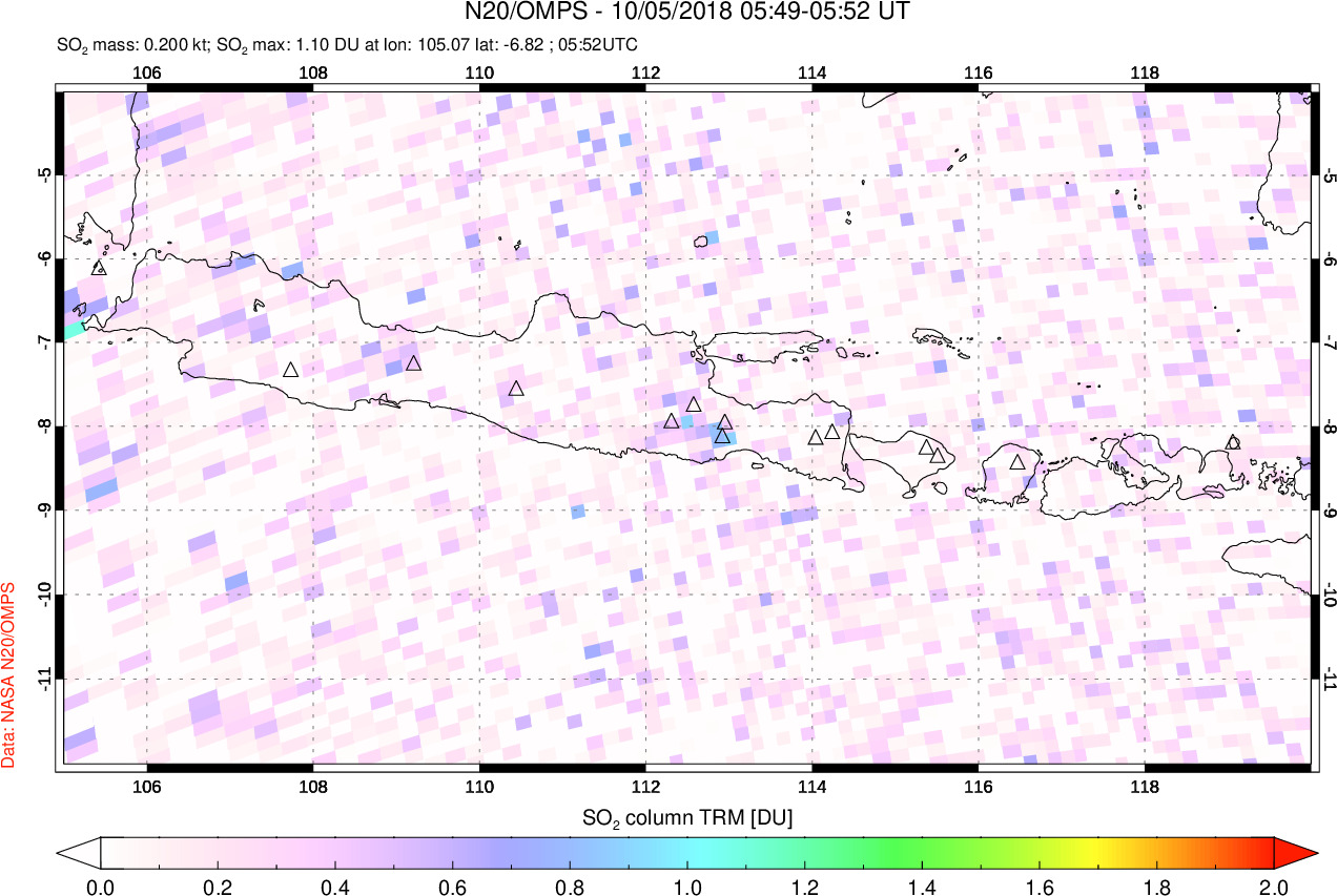 A sulfur dioxide image over Java, Indonesia on Oct 05, 2018.
