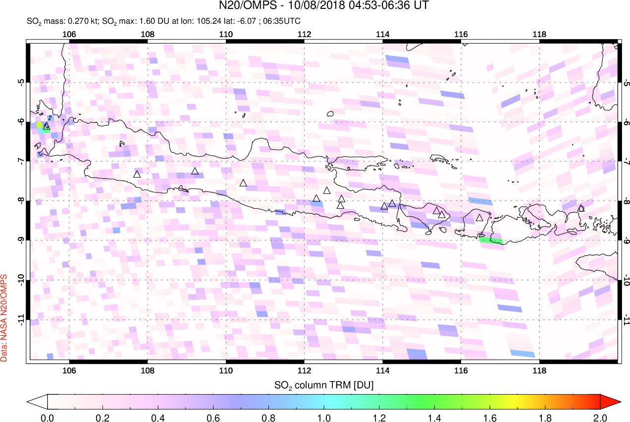 A sulfur dioxide image over Java, Indonesia on Oct 08, 2018.