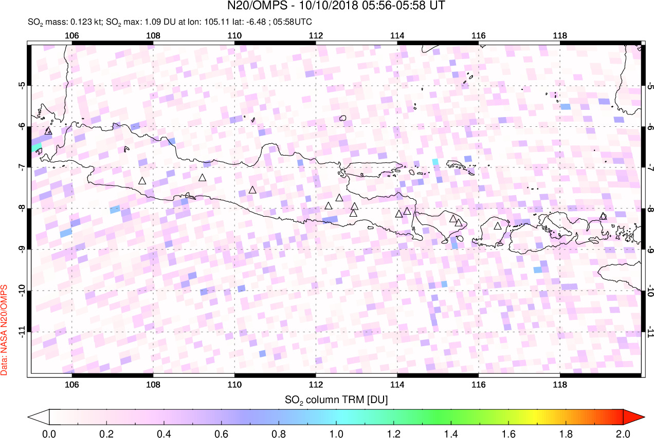 A sulfur dioxide image over Java, Indonesia on Oct 10, 2018.
