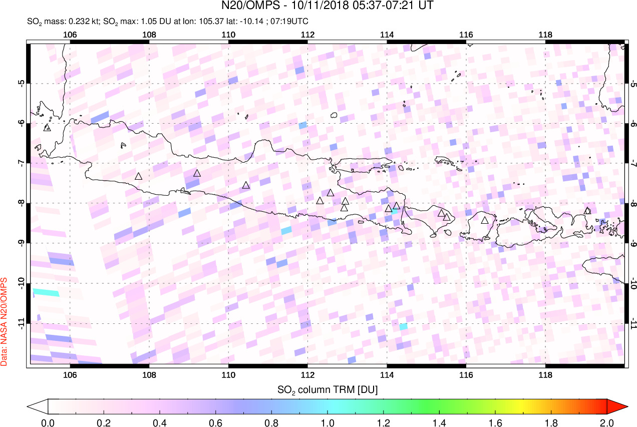 A sulfur dioxide image over Java, Indonesia on Oct 11, 2018.