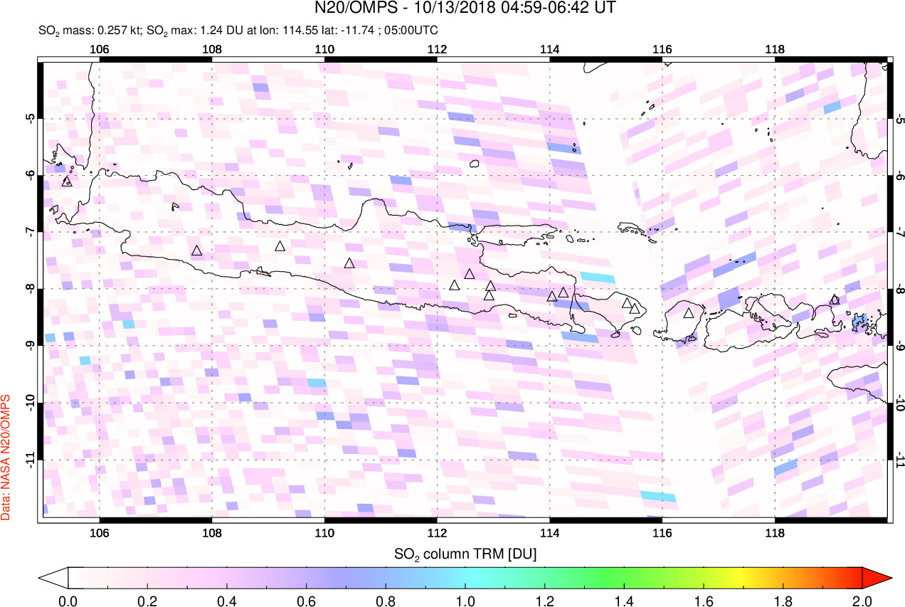 A sulfur dioxide image over Java, Indonesia on Oct 13, 2018.