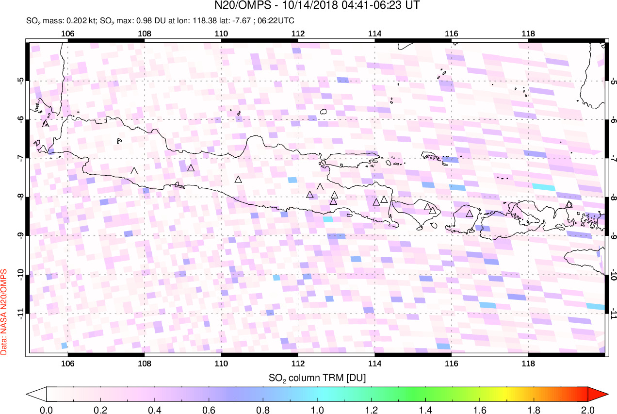 A sulfur dioxide image over Java, Indonesia on Oct 14, 2018.