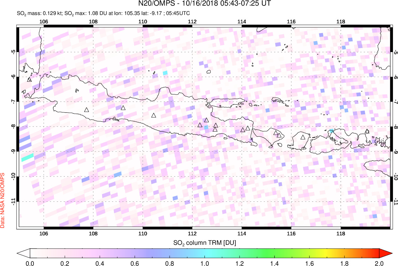 A sulfur dioxide image over Java, Indonesia on Oct 16, 2018.