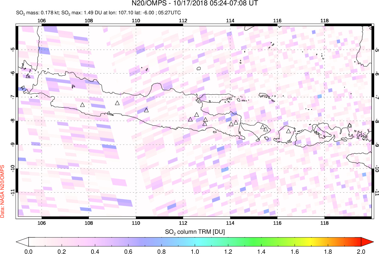A sulfur dioxide image over Java, Indonesia on Oct 17, 2018.