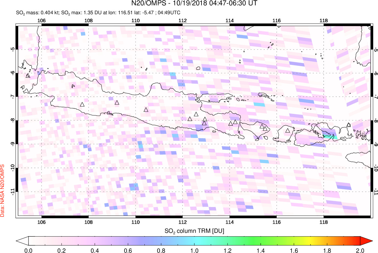 A sulfur dioxide image over Java, Indonesia on Oct 19, 2018.